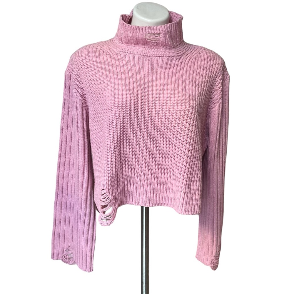 POL Chunky Mock Turtleneck Wide Sleeve Cropped Hi-Low Hem Distressed Sweater - Picture 5 of 16